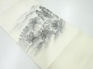 作家物　ひげ紬手描き田舎風景模様名古屋帯